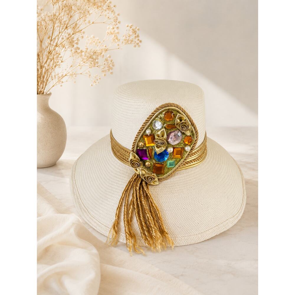VTG Sonni Michelle McGann Straw Hat Jeweled Wide Brim Gold Trim L